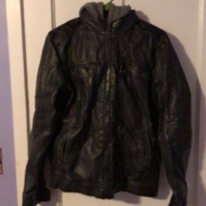 Junior boys leather like hooded/lined jacket